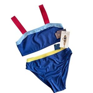 New Habitual Kids Blue, Red, and Yellow Two Piece Swimsuit Sz 12 Top 10 Bottoms